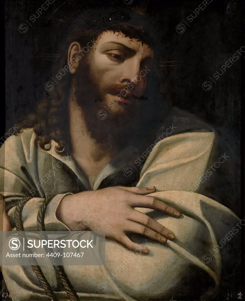 Sebastiano del Piombo (Copy) / 'Ecce Homo', Italian School, Panel, 61 cm x 50 cm, P00347. Museum: MUSEO DEL PRADO, MADRID, SPAIN. JESUS.