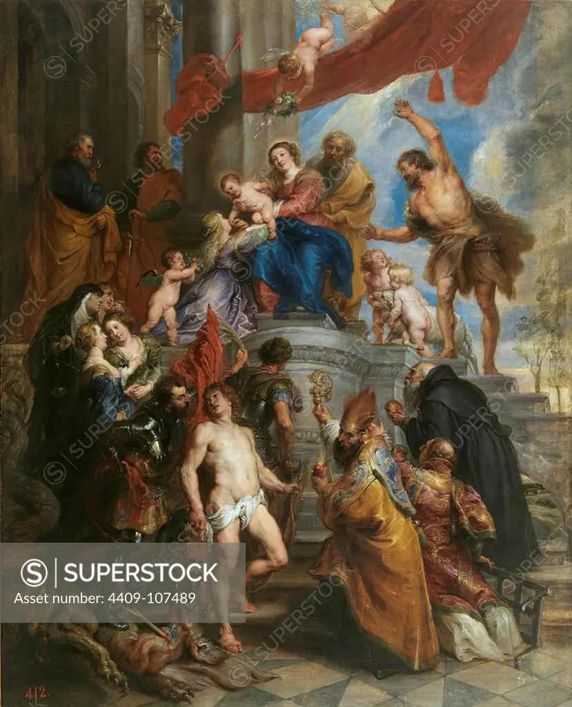 Pedro Pablo Rubens / 'The Holy Family surrounded by Saints', ca. 1630, Flemish School, Oil on panel, 79,5 cm x 64 cm, P01703. Museum: MUSEO DEL PRADO, MADRID, SPAIN. Author: PETER PAUL RUBENS. SAINT JOSEPH. CHILD JESUS. VIRGIN MARY.