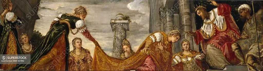 Jacopo Robusti Tintoretto / 'Esther and Ahasuerus', ca. 1555, Italian School, Oil on canvas, 59 cm x 203 cm, P00388. Museum: MUSEO DEL PRADO, MADRID, SPAIN. ESTHER. AHASUERUS.