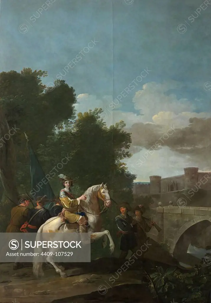 Antonio González Velázquez / 'Un oficial a caballo y cuatro soldados a pie', 1776-1778, Spanish School, Canvas, 275 cm x 195 cm, P08038. Museum: MUSEO DEL PRADO, MADRID, SPAIN.