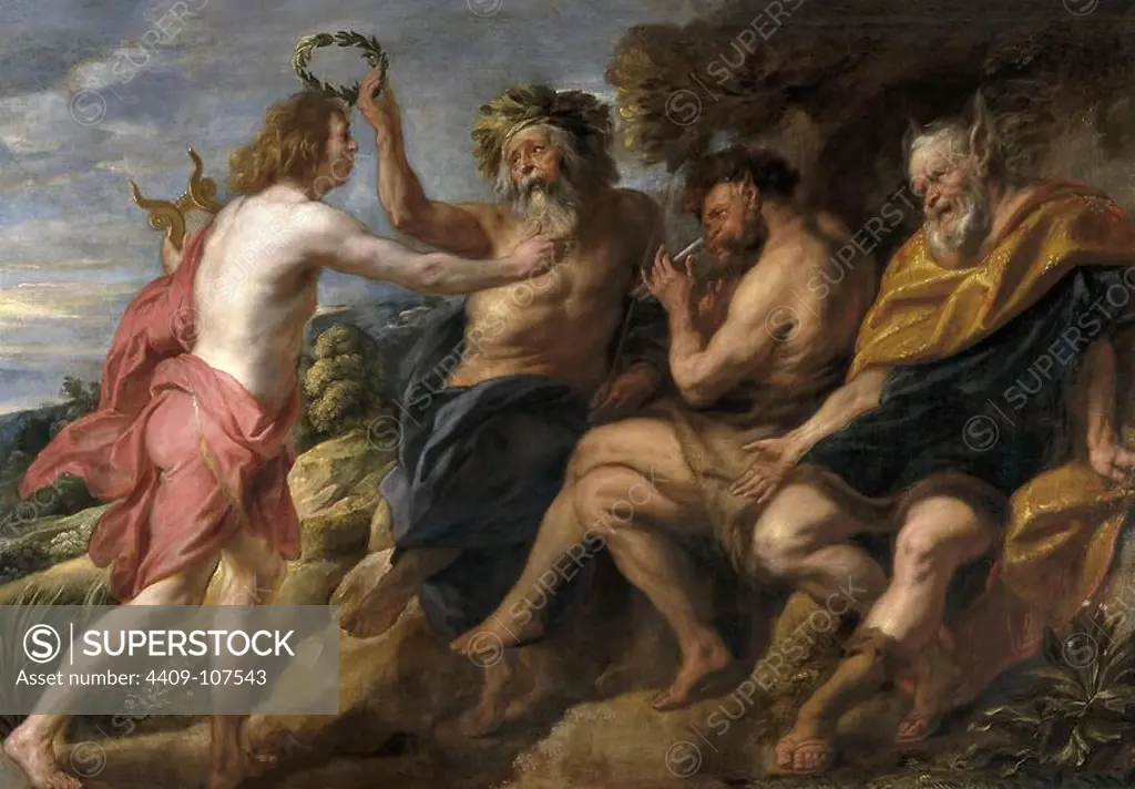 Jacob Jordaens / 'Apollo as a Winner about Pan', ca. 1637, Flemish School, Oil on canvas, 180 cm x 270 cm, P01551. Museum: MUSEO DEL PRADO, MADRID, SPAIN. GOD APOLLO.