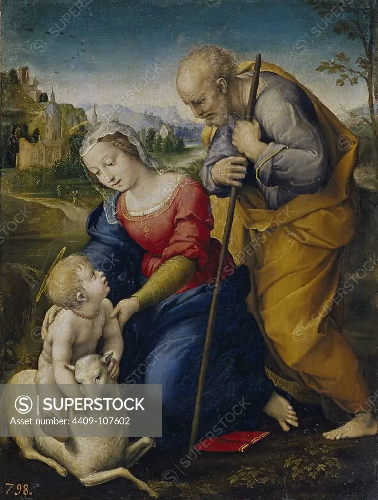 Rafael / 'The Holy Family with a Lamb', 1507, Italian School, Oil on panel, 28 cm x 21,5 cm, P00296. Museum: MUSEO DEL PRADO, MADRID, SPAIN. Author: RAPHAEL.
