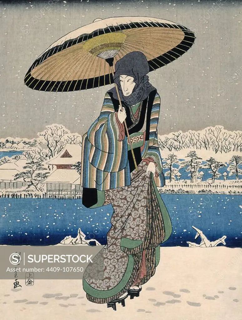 Utagawa Hiroshige (Copy); Jôshûya Kinzô / 'Nieve al estanque de Shinobazu, en Ueno (Ueno shinobazu no ike yuki no kie)', 1848-1849; 20th century, Japanese School, Paper, 290 mm x 220 mm, G05687. Museum: MUSEO DEL PRADO, MADRID, SPAIN.