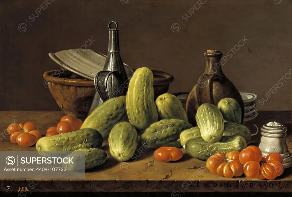 Luis Egidio Meléndez / 'Still Life with Cucumbers, Tomatoes, and Kitchen Utensils', 1774, Spanish School, Oil on canvas, 41,6 cm x 62,5 cm, P00930. Museum: MUSEO DEL PRADO, MADRID, SPAIN.
