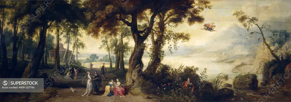 Frans II Francken; Jan Wildens / 'Landscape with Mercury and Herse', ca. 1635, Flemish School, Oil on panel, 73 cm x 210 cm, P02733. Museum: MUSEO DEL PRADO, MADRID, SPAIN. Author: JAN WILDENS. FRANS FRANCKEN THE YOUNGER.