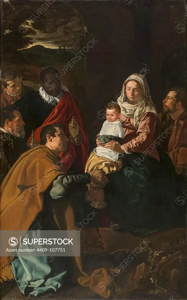 Diego Rodríguez de Silva y Velázquez / 'Adoration of the Magi', 1619, Spanish School, Oil on canvas, 203 cm x 125 cm, P01166. Museum: MUSEO DEL PRADO, MADRID, SPAIN. SAINT JOSEPH. CHILD JESUS. VIRGIN MARY.