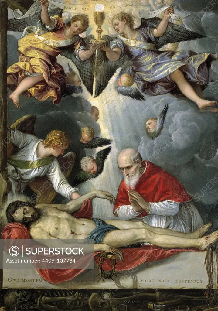 Michele Parrasio / 'Pope Pius V worshipping the body of Christ', 1572-1575, Italian School, Oil on copper, 42 cm x 30 cm, P00284. Museum: MUSEO DEL PRADO, MADRID, SPAIN. Author: PARRASIO MICHELE.