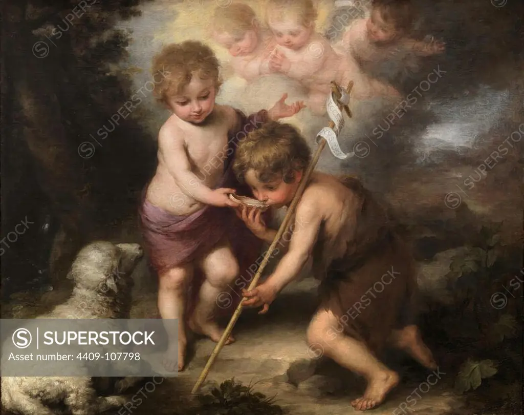 Bartolomé Esteban Murillo / 'The Holy Children with a Shell', 1670-1675, Spanish School, Oil on canvas, 104 cm x 124 cm, P00964. Museum: MUSEO DEL PRADO, MADRID, SPAIN.