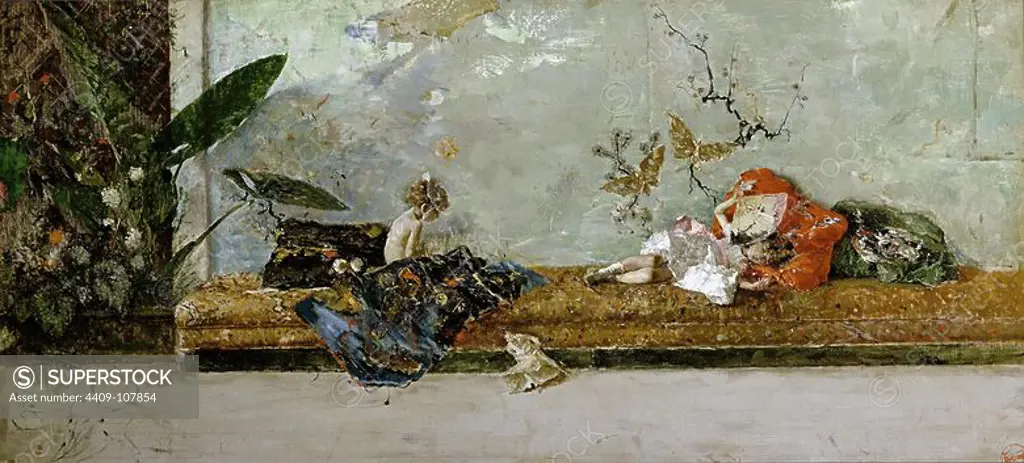 Mariano Fortuny Marsal / 'The painter's children, María Luisa and Mariano, in the Japanese Room', 1874, Spanish School, Oil on canvas, 44 cm x 93 cm, P02931. Museum: MUSEO DEL PRADO, MADRID, SPAIN.