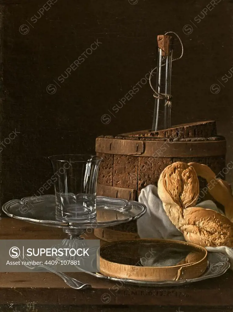 Luis Egidio Meléndez / 'Still Life with Box of Jellied Fruit, Bread, Silver Salver, Glass, and Wine Cooler', 1770, Spanish School, Oil on canvas, 49,5 cm x 37 cm, P00906. Museum: MUSEO DEL PRADO, MADRID, SPAIN.