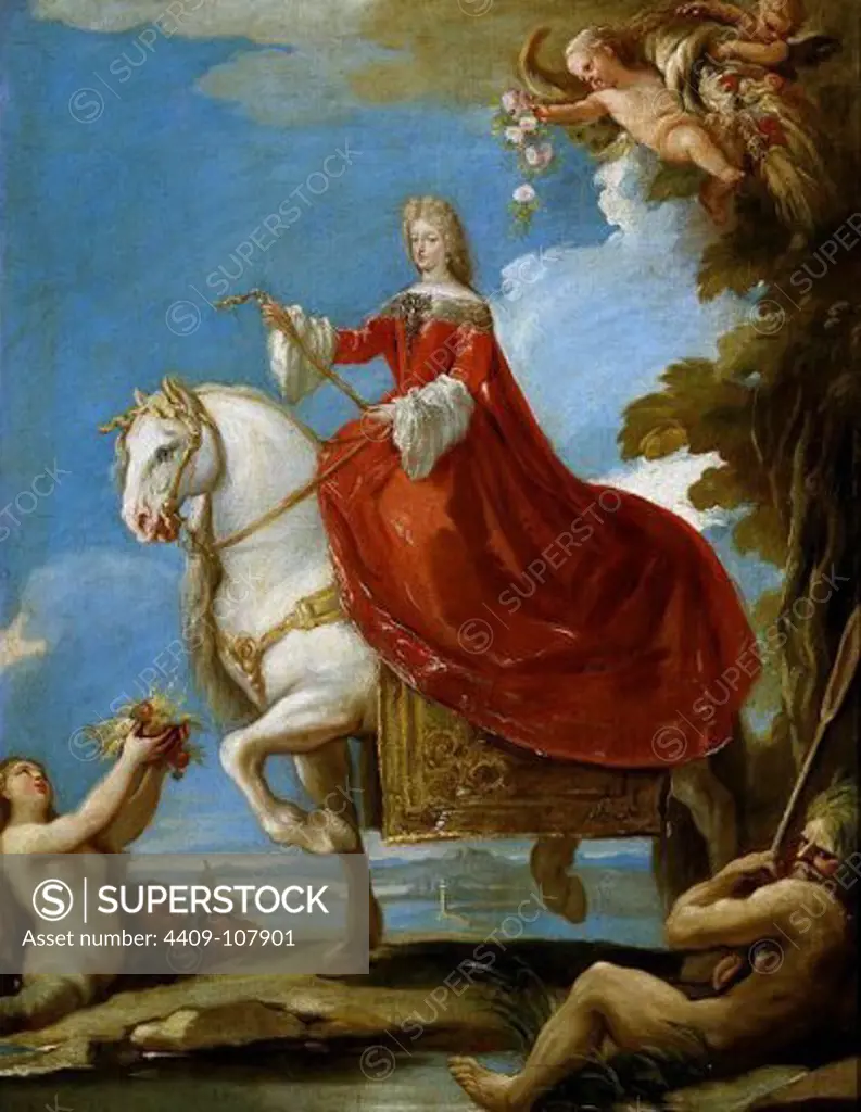 Luca Giordano / 'Maria Anna of Neuburg, Queen of Spain, on horseback', ca.  1694, Italian School, Oil on canvas, 80 cm x 62 cm, P02763. Artwork also known as: Mariana de Neoburgo, reina de España, a caballo.