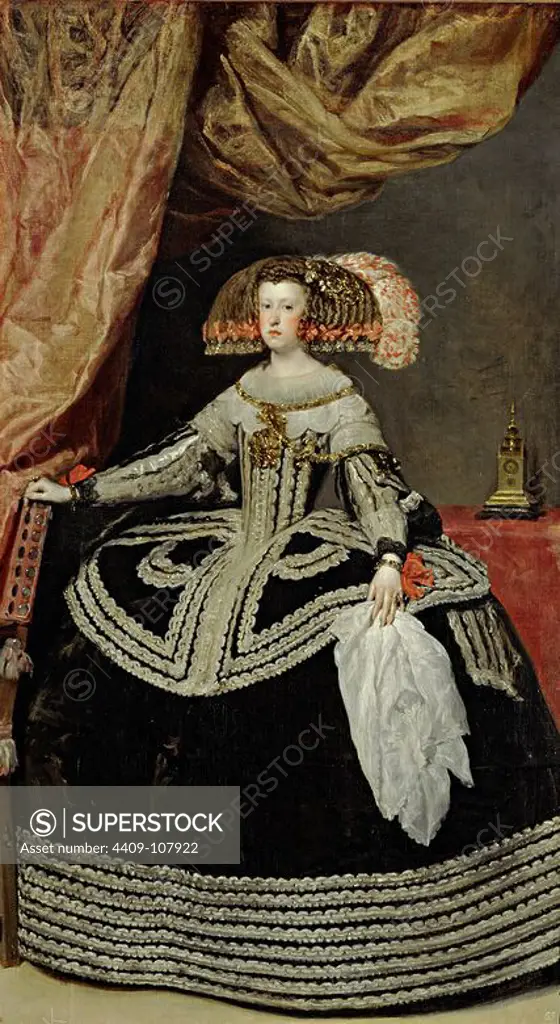 Diego Rodríguez de Silva y Velázquez / 'Mariana of Austria. Queen of Spain', ca. 1652, Spanish School, Oil on canvas, 234,2 cm x 132 cm, P01191. Museum: MUSEO DEL PRADO, MADRID, SPAIN. MARIANA DE AUSTRIA.