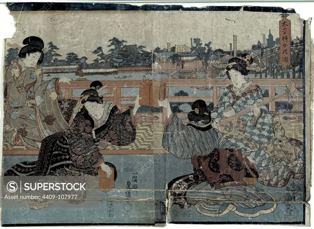 Utagawa Kunisada; Tsujiokaya Bunsuke / 'Mujeres divirtiéndose en paz (Taiheifujo hitori asobi)', 1847-1852, Japanese School, Paper, 365 mm x 515 mm, G05664. Museum: MUSEO DEL PRADO, MADRID, SPAIN.