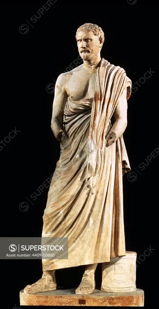 Roman art. Demosthenes. Copy from the original by Polyeuct (385-322 B.-C.). Height: 202 cm. Vatican, museum. Location: MUSEOS VATICANOS-MUSEO PIO CLEMENTINO. VATICANO. DEMOSTENES.