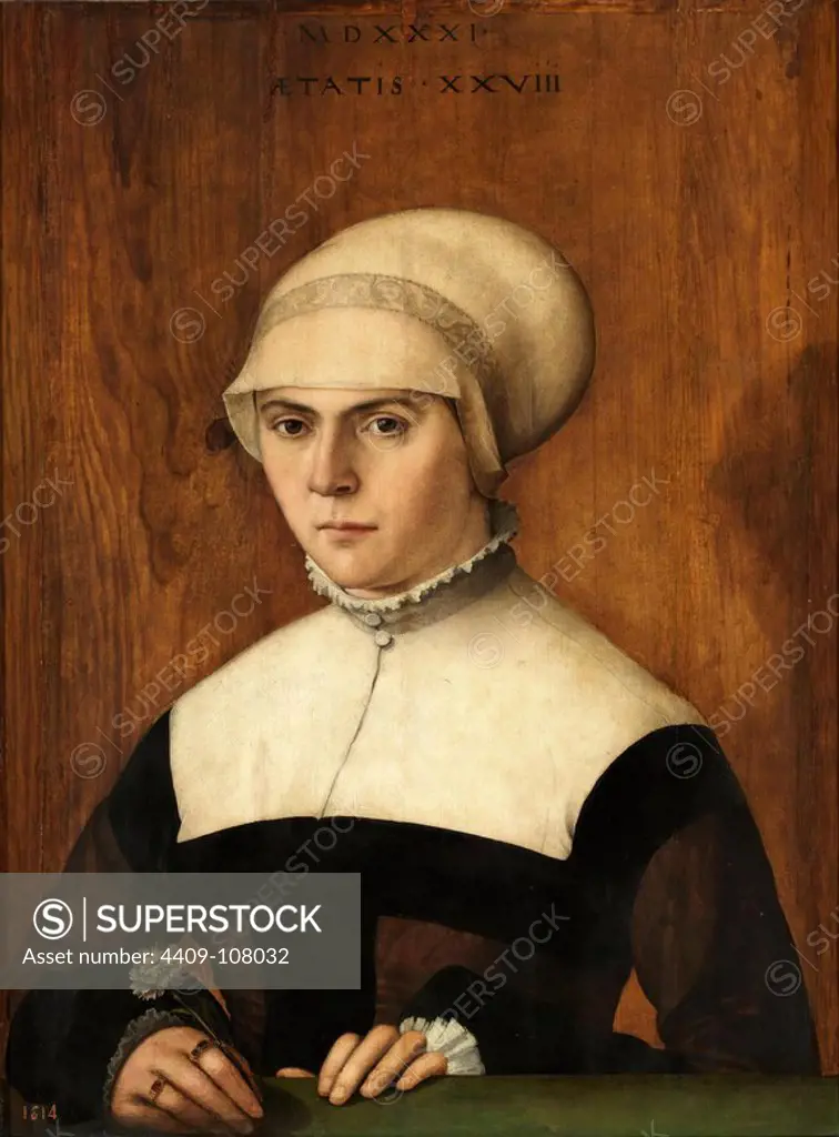 Cristoph Amberger / 'The Wife of the Goldsmith of Augsburg, Jörg Zörer, at the age of 28', 1531, German School, Oil on panel, 68 cm x 51 cm, P02184. Museum: MUSEO DEL PRADO, MADRID, SPAIN. Author: CHRISTOPH AMBERGER.