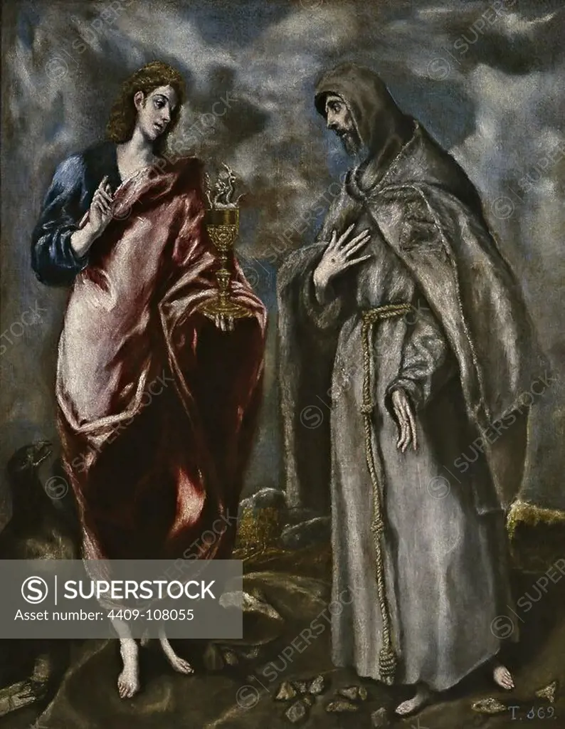 El Greco (Workshop of) / 'Saint John the Evangelist and Saint Francis of Assisi', After 1600, Spanish School, Oil on canvas, 64 cm x 50 cm, P00820. Museum: MUSEO DEL PRADO, MADRID, SPAIN.