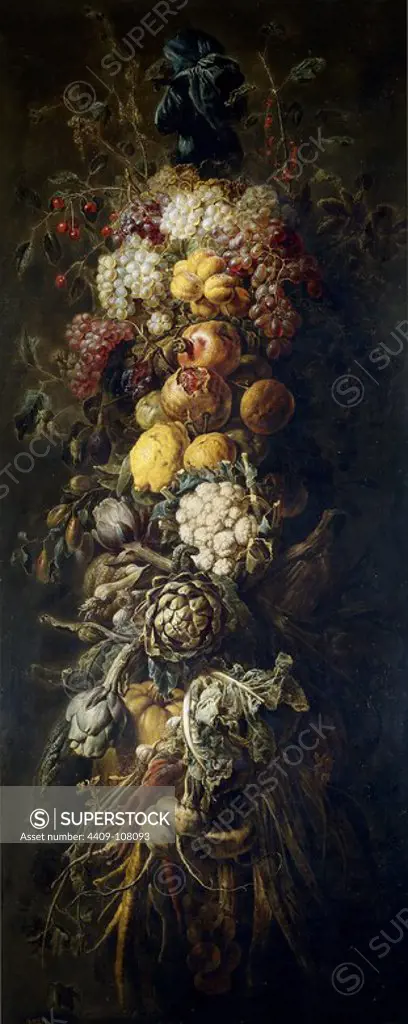 Adriaen van Utrecht / 'Garland of Fruit and Vegetables', 1638, Flemish School, Oil on canvas, 186 cm x 60 cm, P01853. Museum: MUSEO DEL PRADO, MADRID, SPAIN.