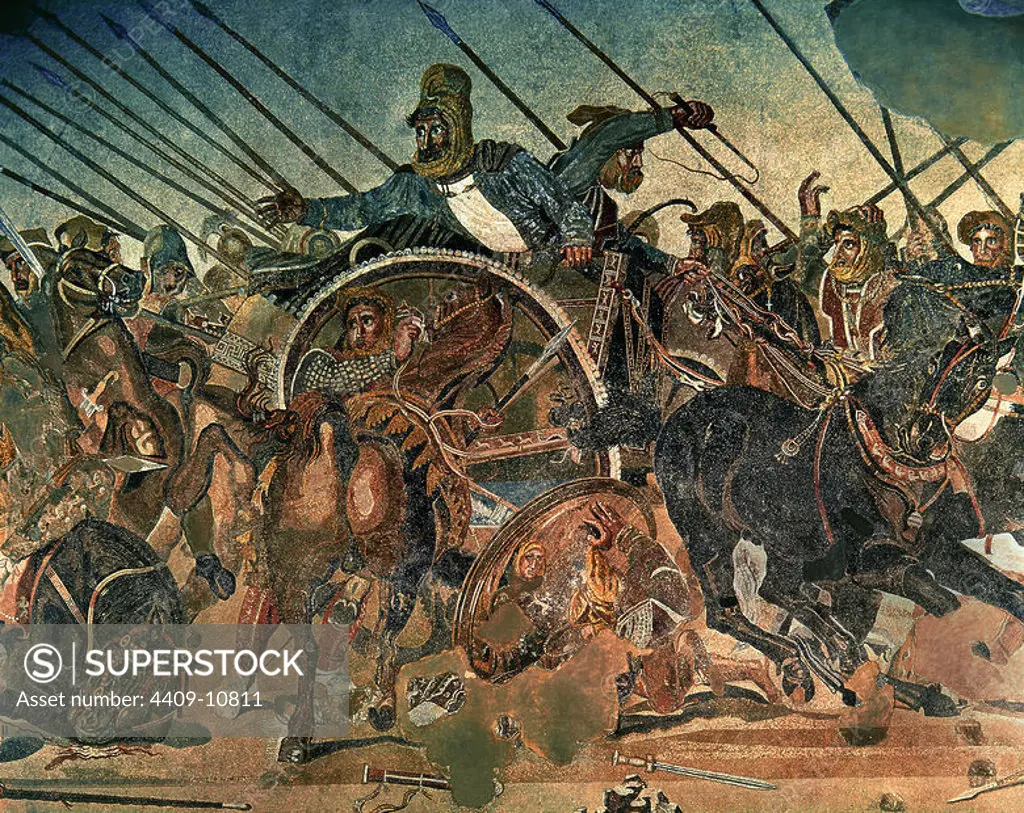 Battle of Issos between Alexander the Great and Darius III . Detail: Darius III in his chariot. 1st century B.C.. Mosaic from the House of the Faun at Pompei. Naples, National Archaeological Museum. Location: NATIONAL MUSEUM OF ARCHAEOLOGY. NEAPEL. ITALIA. DARIO III.
