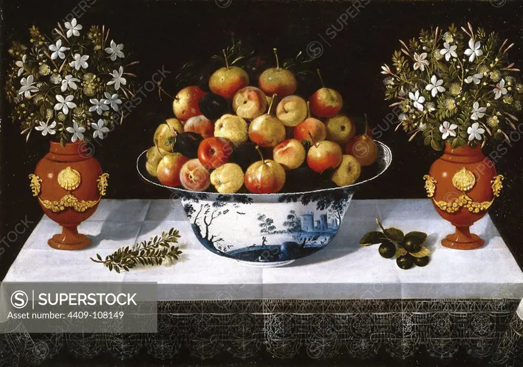 Tomás Hiepes / 'Delft Fruit Bowl and two Vases', 1642, Spanish School, Oil on canvas, 67 cm x 96 cm, P07909. Museum: MUSEO DEL PRADO, MADRID, SPAIN.