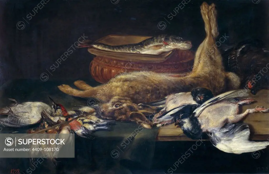 Alexander Adriaenssen / 'Bodegón: liebre, pájaros muertos y pescados', 1616, Flemish School, Oil on panel, 60 cm x 91 cm, P01342. Museum: MUSEO DEL PRADO, MADRID, SPAIN.