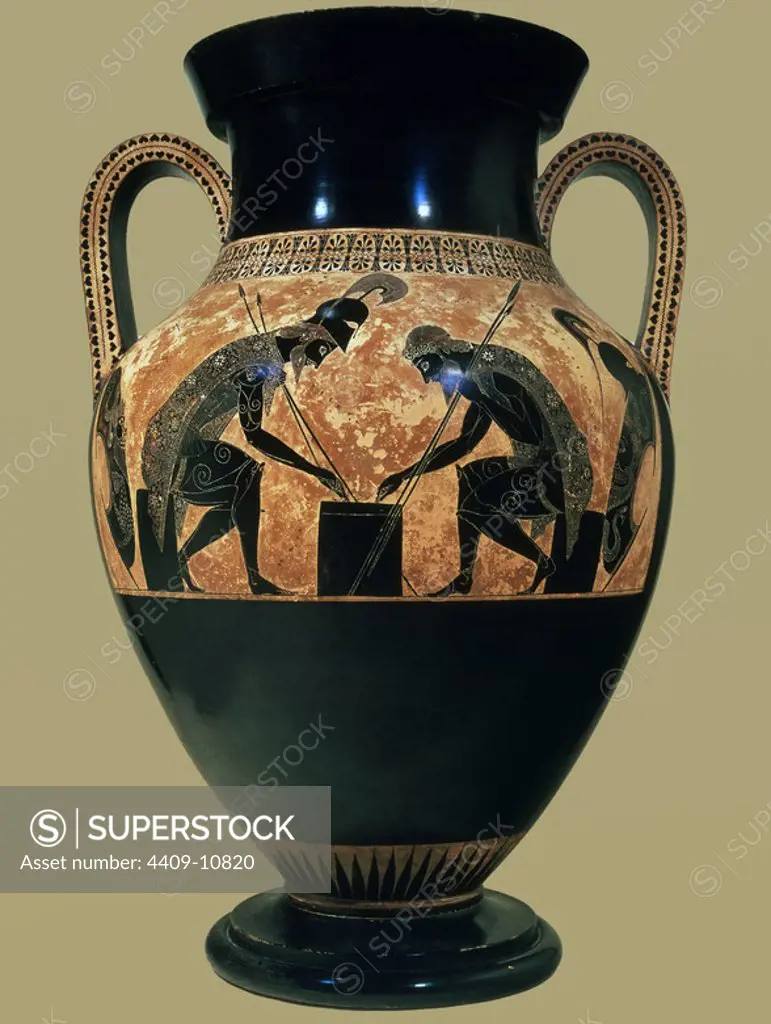 Funeral vase with Achilles and Ajax playing checkers.. Vatican, Vatican museums. Author: EXEQUIAS. Location: MUSEOS VATICANOS-MUSEO GREGORIANO ETRUSCO. VATICANO. ACHILLES. AYAX (AJAX). AJAX (AYAX).