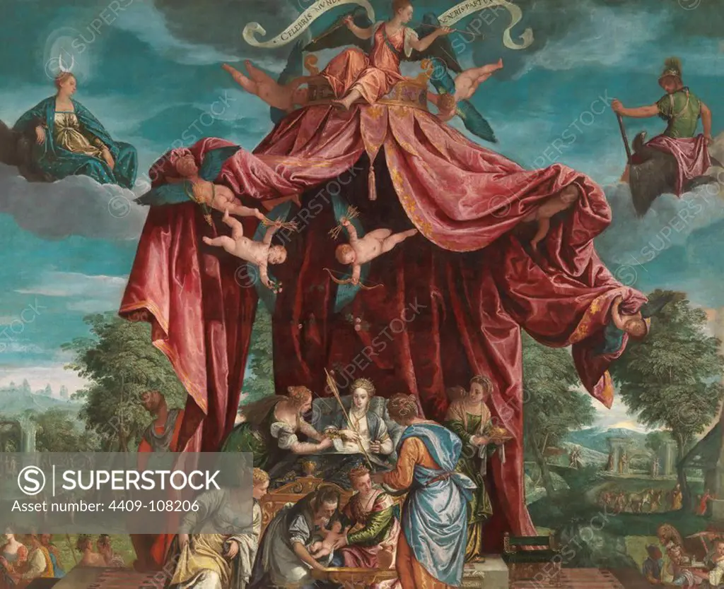 Michele Parrasio / 'Allegory of the birth of the Infante Fernando, Son of Felipe II', ca. 1575, Italian School, Oil on canvas, 182 cm x 223 cm, P00479. Museum: MUSEO DEL PRADO, MADRID, SPAIN.