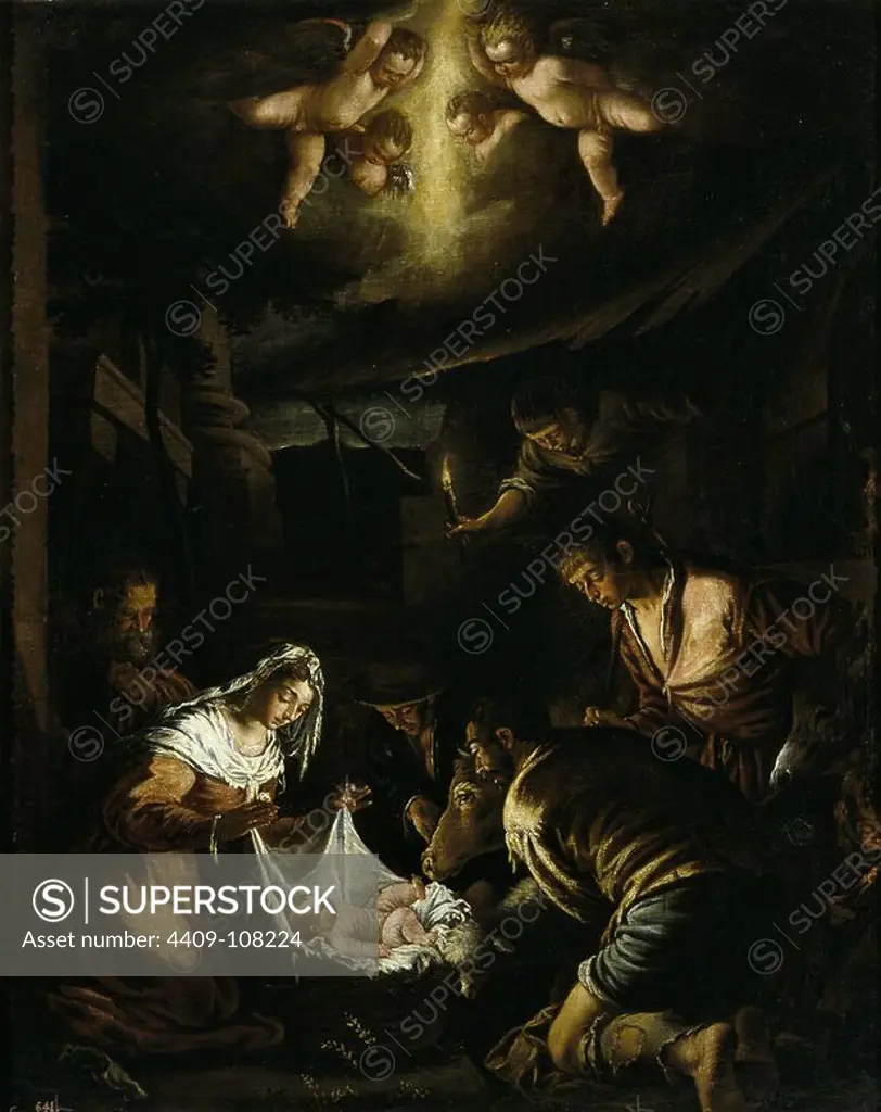 Anonymous (Workshop Bassano) / 'The Adoration of the Shepherds', After 1575, Italian School, Oil on canvas, 128 cm x 104 cm, P00026. Museum: MUSEO DEL PRADO, MADRID, SPAIN. Author: ANÓNIMO (TALLER DE BASSANO). SAINT JOSEPH. JESUS. CHILD JESUS. VIRGIN MARY.