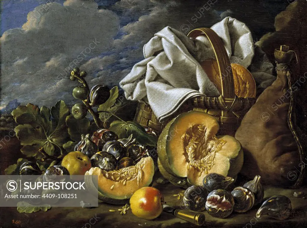 Luis Egidio Meléndez / 'Still Life with Figs, Wicker Basket, Pumpkin, and Bread', Late 18th century, Spanish School, Oil on canvas, 63 cm x 84 cm, P00940. Museum: MUSEO DEL PRADO, MADRID, SPAIN.