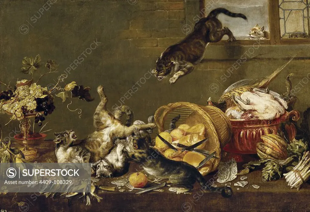 Paul de Vos / 'Cats Fighting in a Larder', Middle 17th century, Flemish School, Oil on canvas, 116 cm x 172 cm, P01866. Museum: MUSEO DEL PRADO, MADRID, SPAIN.