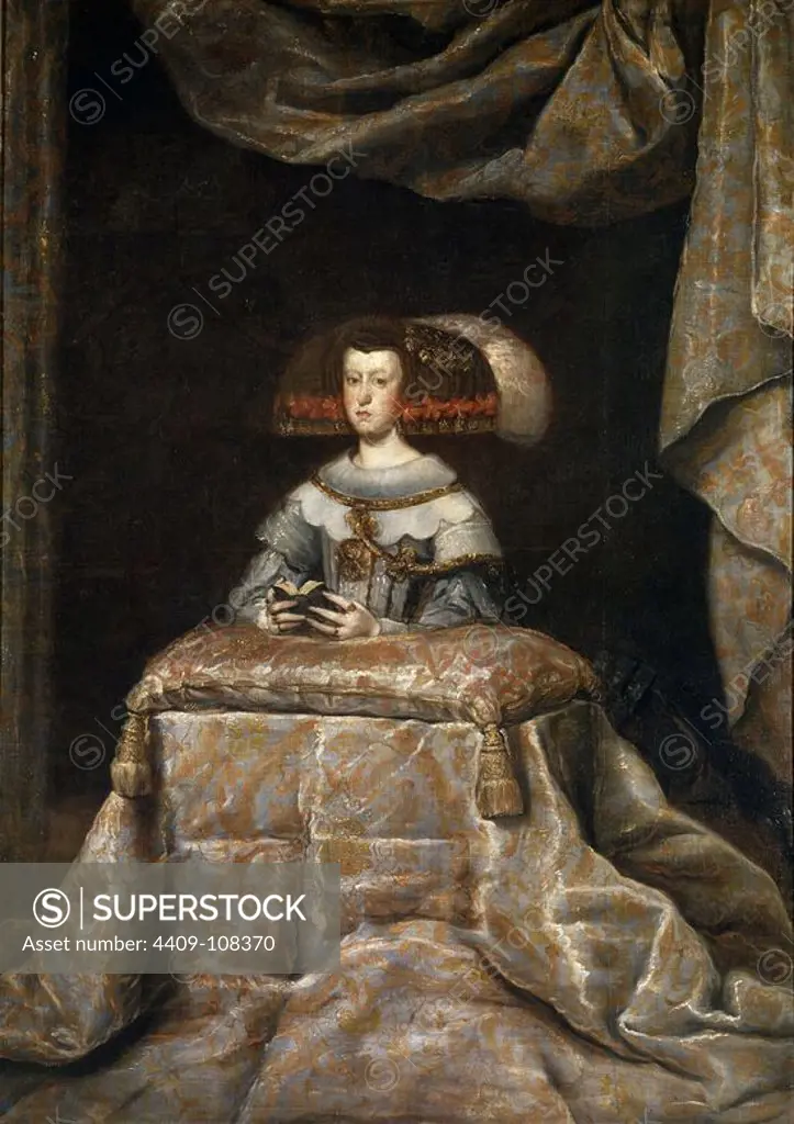 Diego Rodríguez de Silva y Velázquez (Workshop of) / 'Portrait of Doña Mariana of Austria at Prayer', ca. 1655, Spanish School, Oil on canvas, 209 cm x 147 cm, P01222. Museum: MUSEO DEL PRADO, MADRID, SPAIN. MARIANA DE AUSTRIA.
