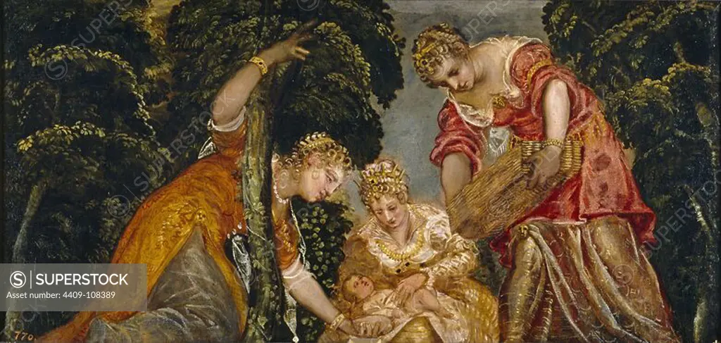 Jacopo Robusti Tintoretto / 'Moses saved from the waters', ca. 1555, Italian School, Oil on canvas, 56 cm x 119 cm, P00396. Museum: MUSEO DEL PRADO, MADRID, SPAIN.