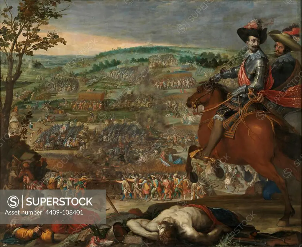 Vicente Carducho / 'Victory of Fleurus', 1634, Spanish School, Oil on canvas, 297 cm x 365 cm, P00635. Museum: MUSEO DEL PRADO, MADRID, SPAIN.
