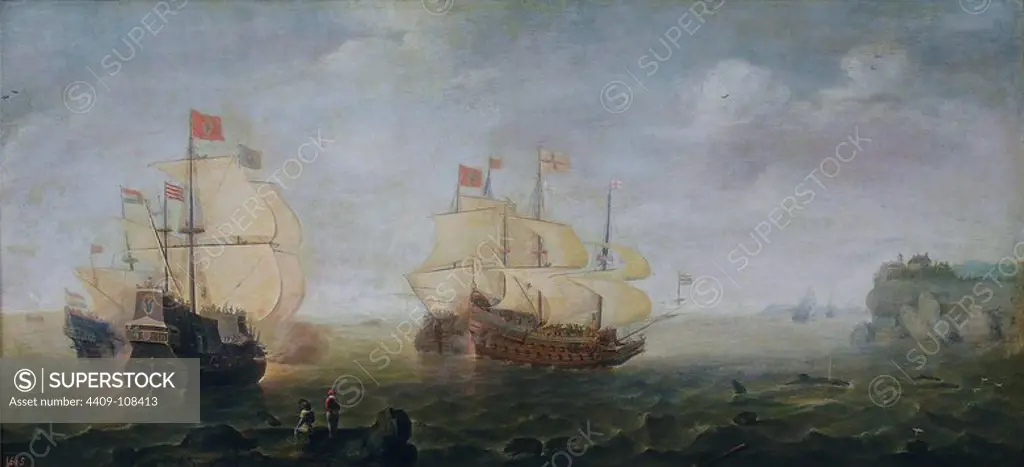 Cornelis Claesz van Wieringen / 'Naval Battle', 1629-1630, Dutch School, Oil on panel, 43 cm x 90 cm, P02143. Museum: MUSEO DEL PRADO, MADRID, SPAIN.