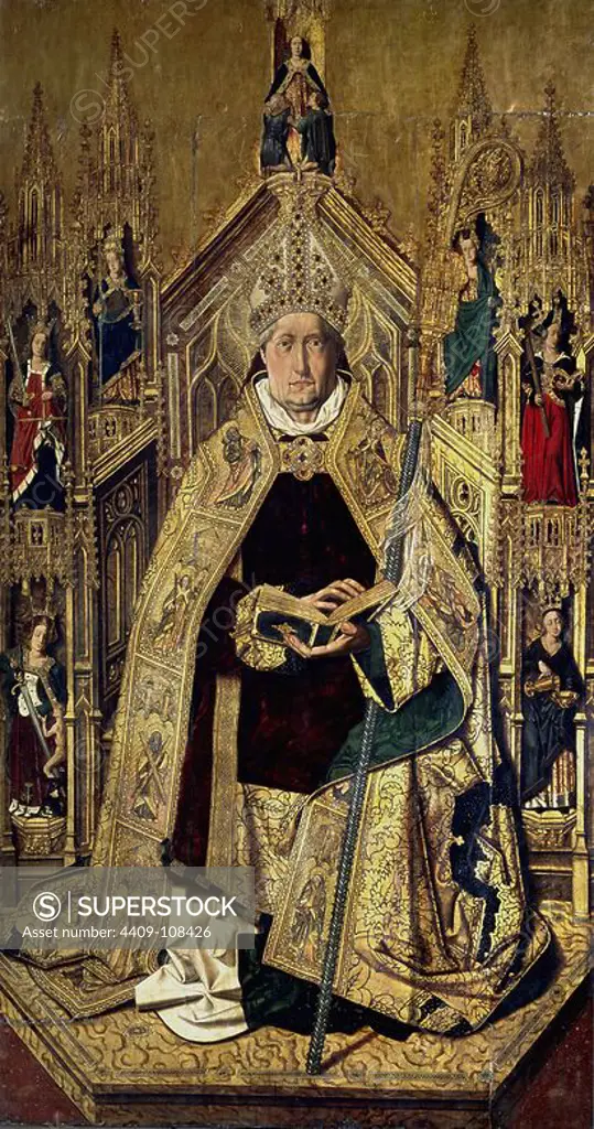 Bartolomé Bermejo / 'Saint Dominic of Silos enthroned as Bishop', 1474-1477, Spanish School, Oil on panel, 242 cm x 130 cm, P01323. Museum: MUSEO DEL PRADO, MADRID, SPAIN. SANTO DOMINGO DE SILOS.