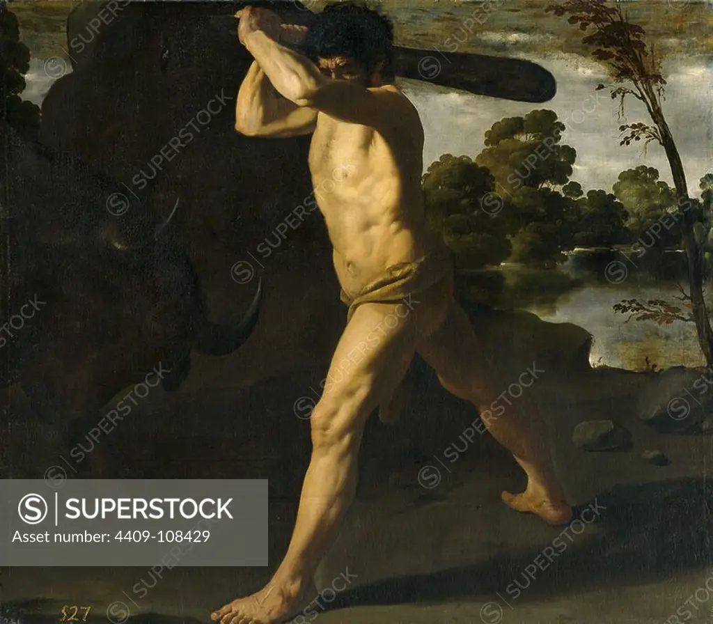 Francisco de Zurbarán / 'Hercules and the Cretan Bull', 1634, Spanish School, Oil on canvas, 133 cm x 152 cm, P01245. Museum: MUSEO DEL PRADO, MADRID, SPAIN.