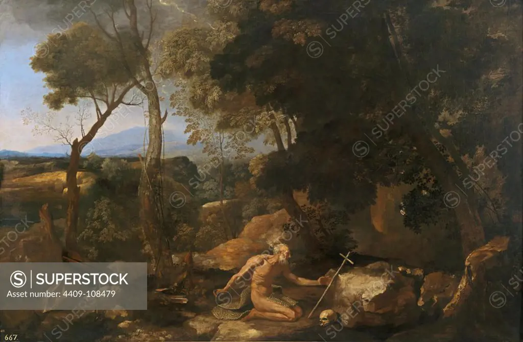 Nicolas Poussin / 'Landscape with Saint Jerome', 1637-1638, French School, Oil on canvas, 155 cm x 234 cm, P02304. Museum: MUSEO DEL PRADO, MADRID, SPAIN.