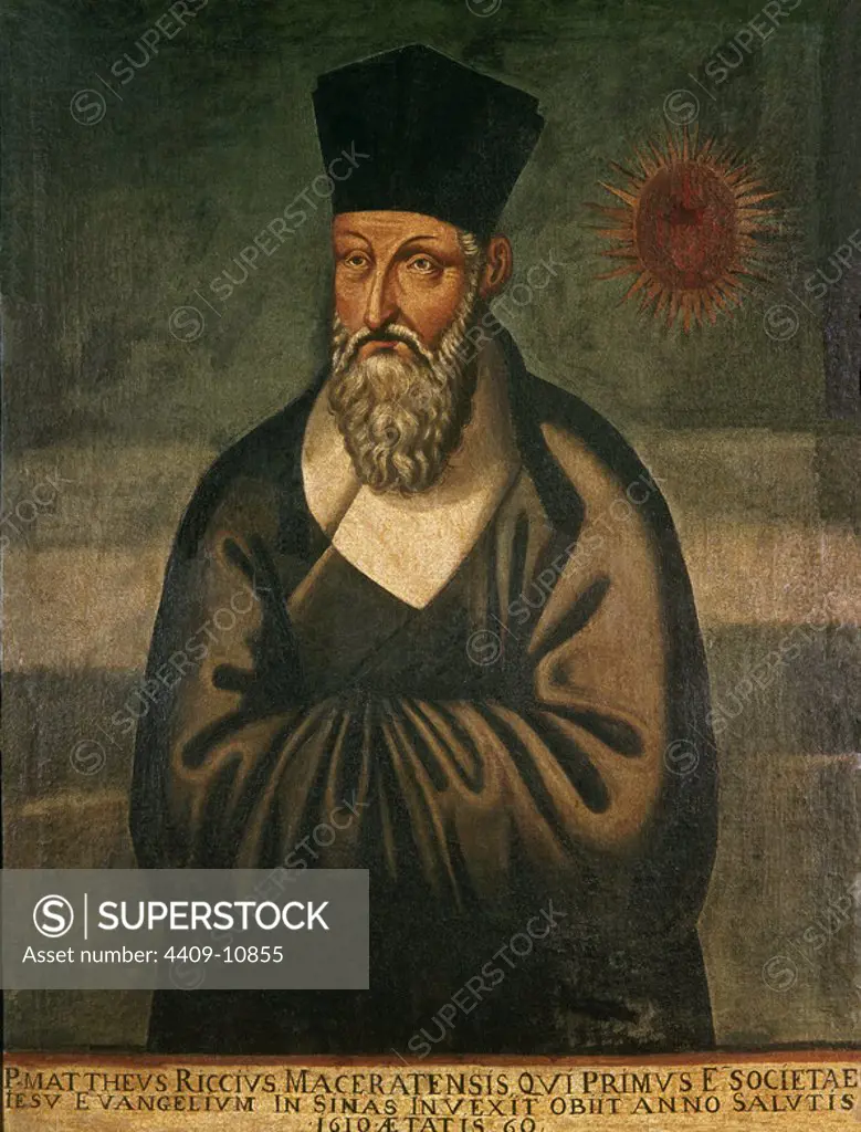 Portrait of Father Mateo Ricci (1552-1610), Jesuit and Italian traveller. Founder of the catholic missionary movement in China.. Rome, Gesu church. Author: YU WEN-HUI. Location: IGLESIA DEL GESU. Rome. ITALIA. PADRE MATEO RICCI.