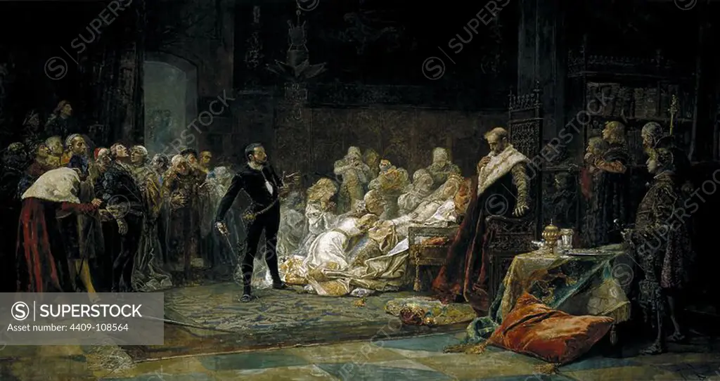Salvador Sánchez Barbudo / 'Last scene of Hamlet', 1884, Spanish School, Canvas, 370 cm x 707 cm, P05610. Museum: MUSEO DEL PRADO, MADRID, SPAIN.