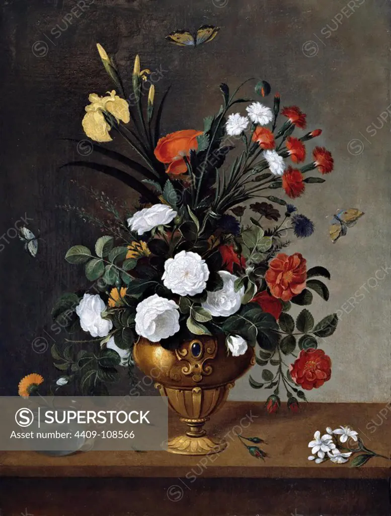 Pedro Camprobín / 'Flower Vase and Crystal Vessel', 1663, Spanish School, Oil on canvas, 77 cm x 58 cm, P07918. Museum: MUSEO DEL PRADO, MADRID, SPAIN.
