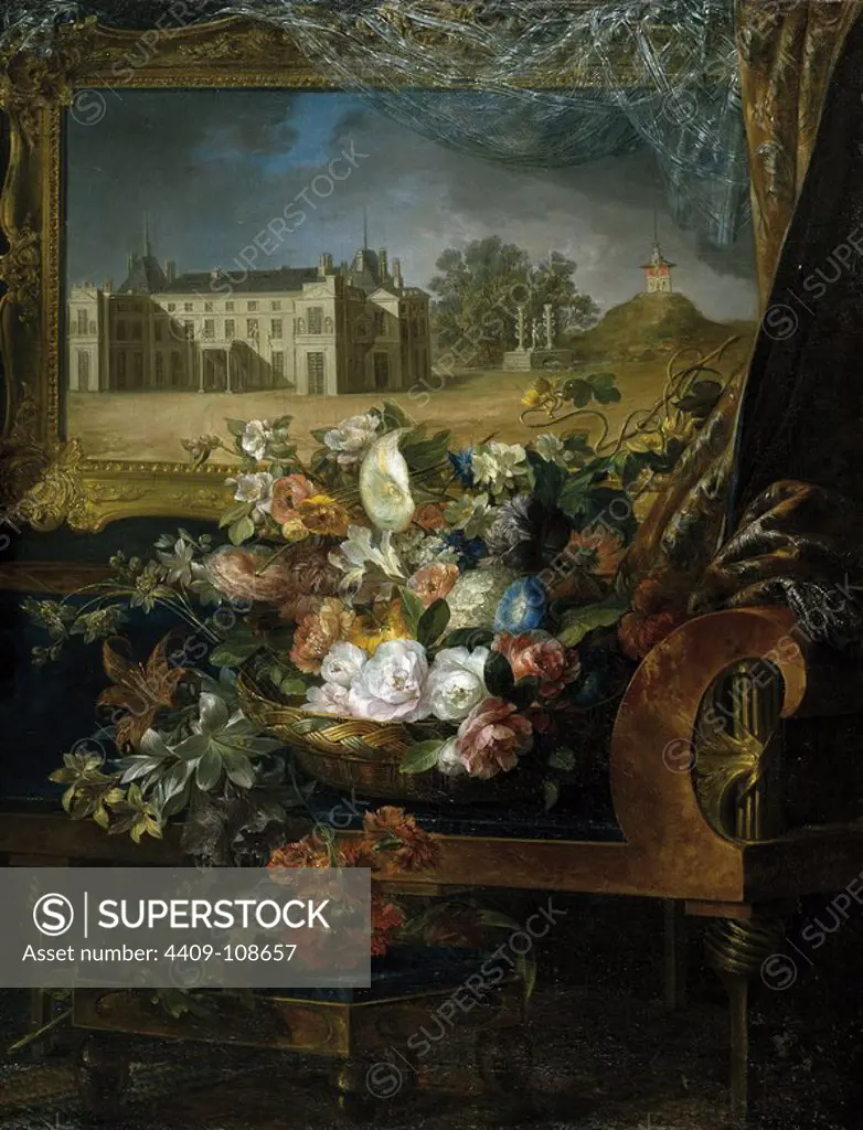 Miguel Parra / 'Basket of Flowers and View of a Palace', 1844, Spanish School, Oil on canvas, 120 cm x 92 cm, P07939. Museum: MUSEO DEL PRADO, MADRID, SPAIN.