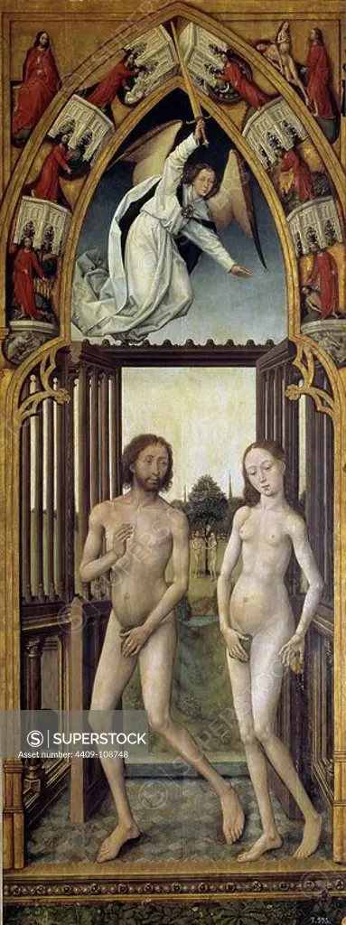 Vrancke van der Stockt / 'Redemption Triptych: Adam and Eve Expulsed from Paradise', 1455-1460, Flemish School, Oil on panel, 195 cm x 77 cm, P01889. Museum: MUSEO DEL PRADO, MADRID, SPAIN.