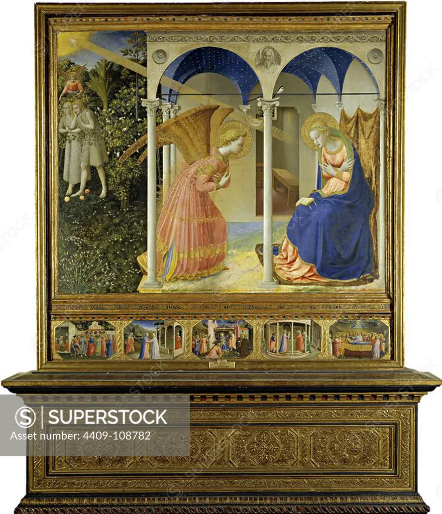 Fra Angelico / 'The Annunciation', ca. 1426, Italian School, Tempera on panel, 194 cm x 194 cm, P00015. Museum: MUSEO DEL PRADO, MADRID, SPAIN. ADAM AND EVE. ARCHANGEL GABRIEL. EVE. Adam. VIRGIN MARY.