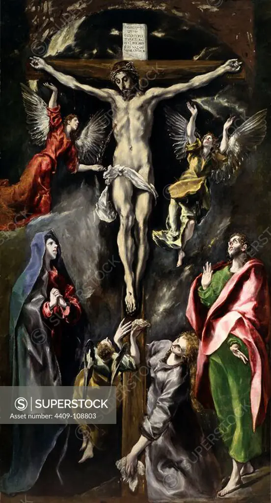 El Greco / 'The Crucifixion', 1597-1600, Spanish School, Oil on canvas, 312 cm x 169 cm, P00823. Museum: MUSEO DEL PRADO, MADRID, SPAIN.