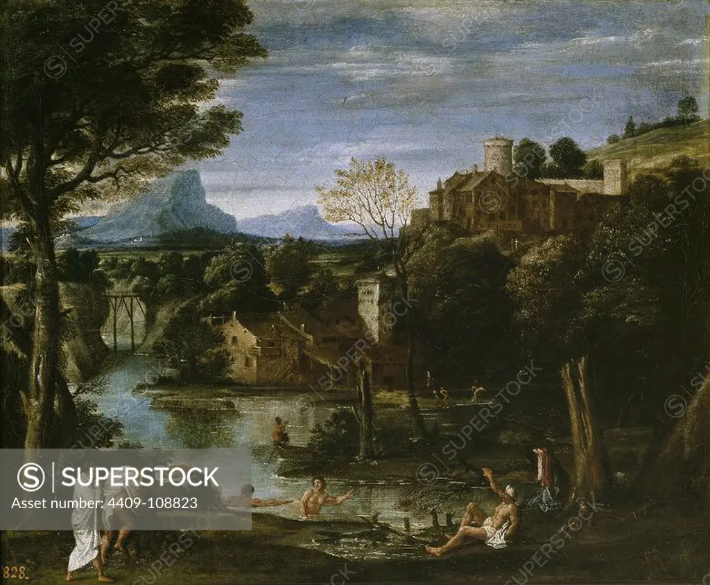 Annibale Carracci (Attribution) / 'Landscape with Bathers', Late 16th century - Early 17th century, Italian School, Oil on canvas, 47 cm x 56 cm, P00132. Museum: MUSEO DEL PRADO, MADRID, SPAIN.