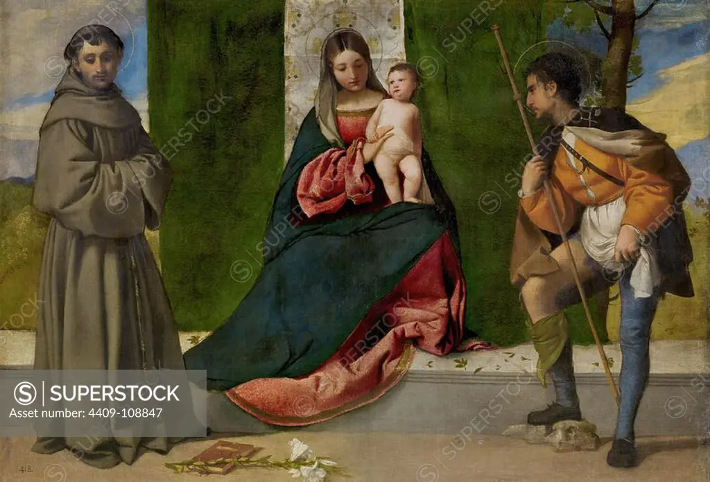Vecellio di Gregorio Tiziano / 'The Virgin and Child between Saint Anthony of Padua and Saint Roque', ca. 1510, Italian School, Oil on canvas, 92 cm x 133 cm, P00288. Museum: MUSEO DEL PRADO, MADRID, SPAIN.