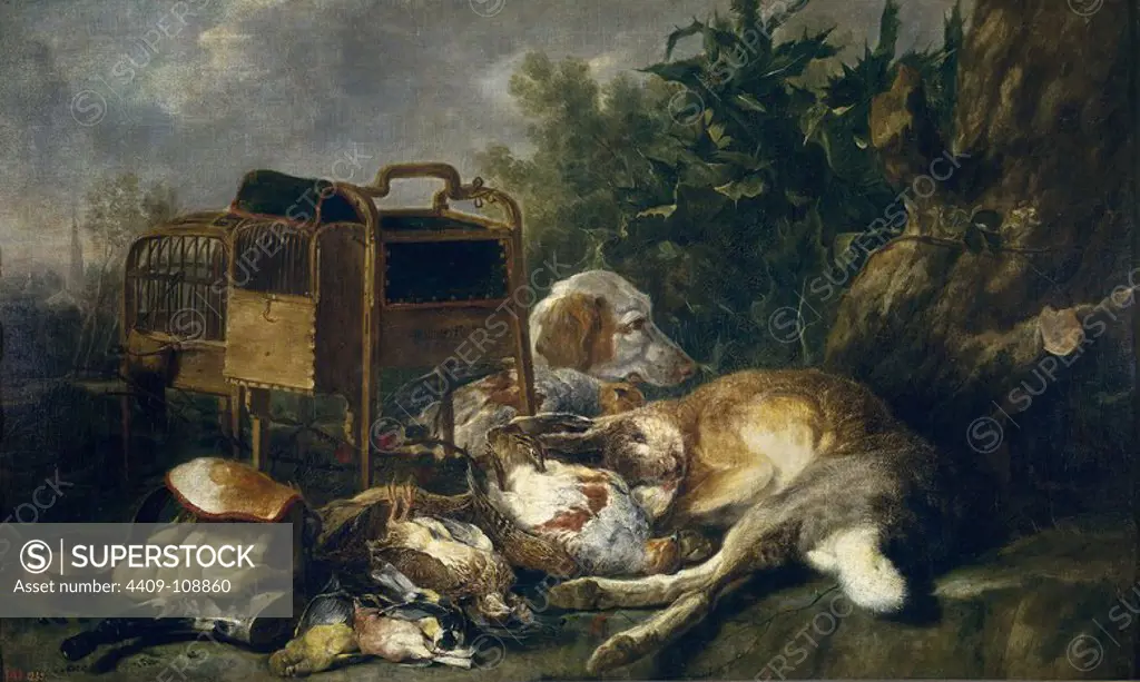 Jan Fyt / 'Hare Game-Birds and a Hunting Dog', 1649, Flemish School, Oil on canvas, 72 cm x 121 cm, P01528. Museum: MUSEO DEL PRADO, MADRID, SPAIN.