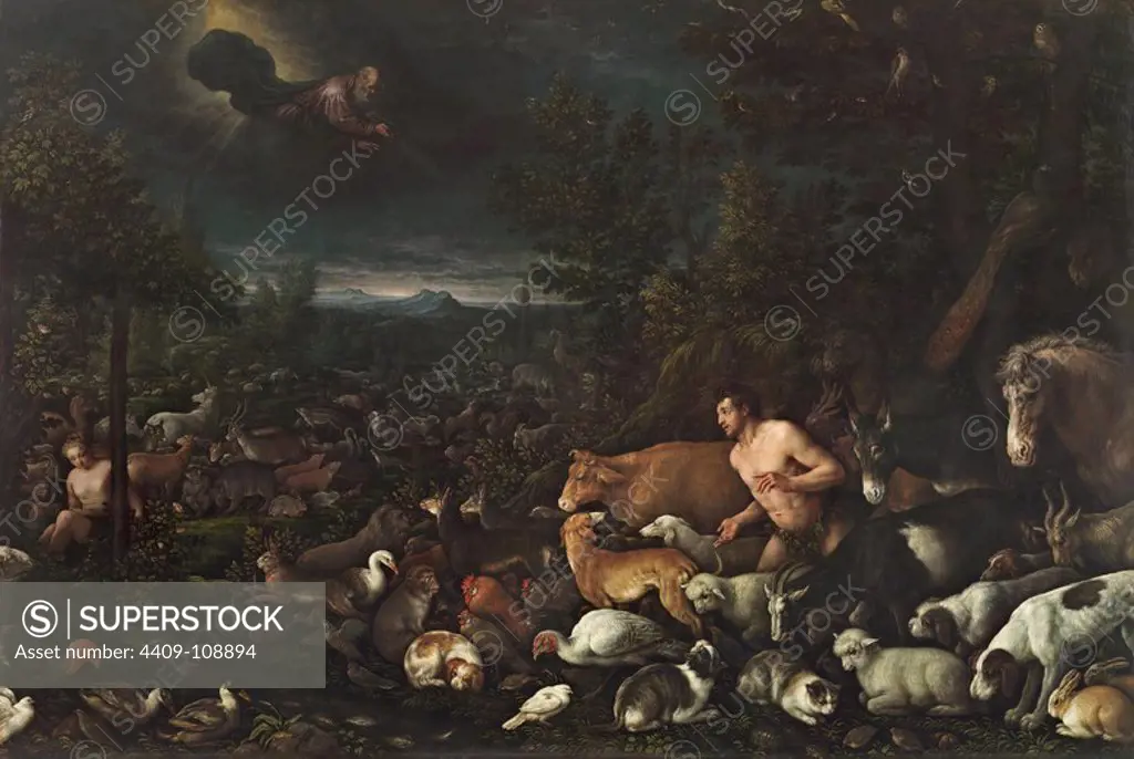 Francesco Bassano; Jacopo Bassano / 'Adam Reproached', ca. 1570, Italian School, Oil on canvas, 191 cm x 287 cm, P00021. Museum: MUSEO DEL PRADO, MADRID, SPAIN. ADAM AND EVE. EVE. Adam.