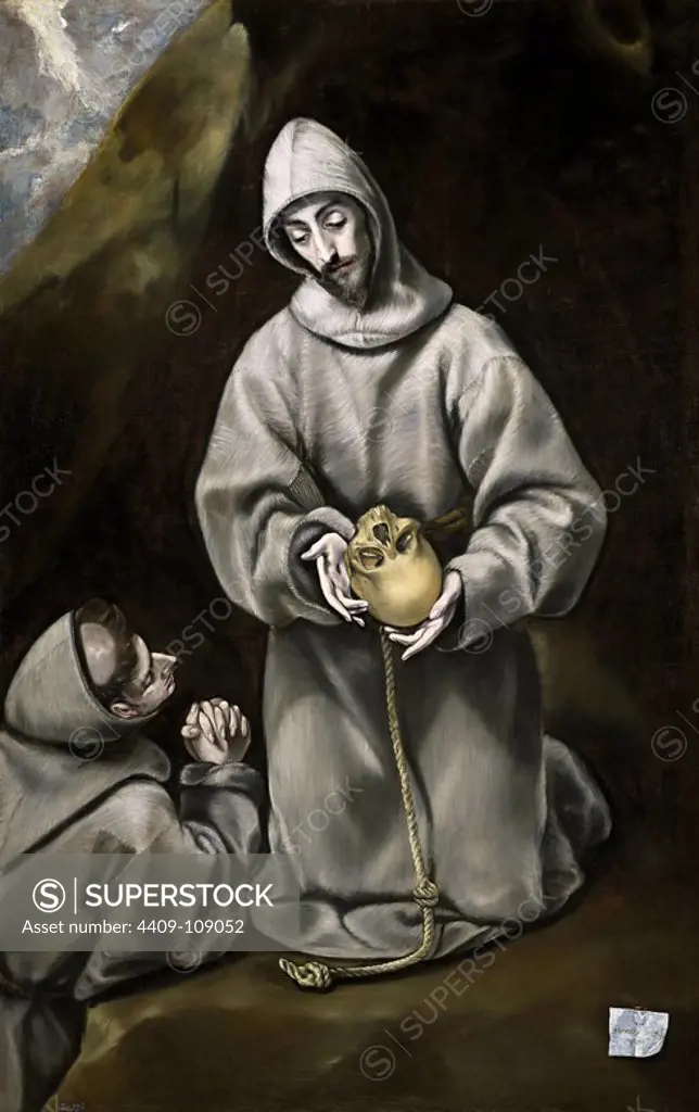 El Greco (and workshop) / 'Saint Francis of Assisi and Brother Leo Meditating on Death', 1600-1614, Spanish School, Oil on canvas, 160 cm x 103 cm, P00819. Museum: MUSEO DEL PRADO, MADRID, SPAIN.