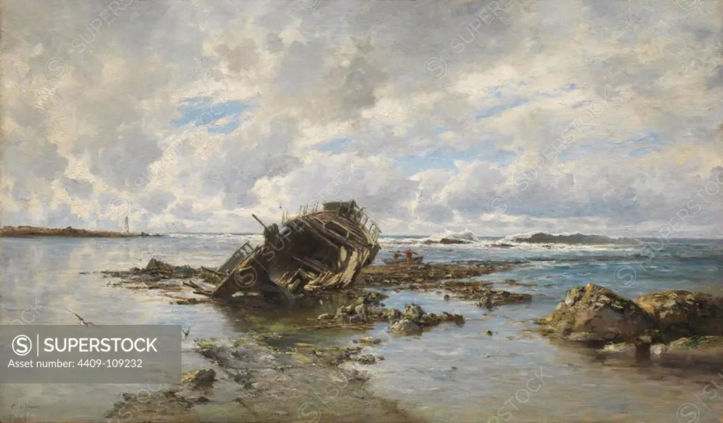 Carlos de Haes / 'A Wrecked Ship', 1883, Spanish School, Oil on canvas, 59 cm x 101 cm, P03910. Museum: MUSEO DEL PRADO, MADRID, SPAIN.