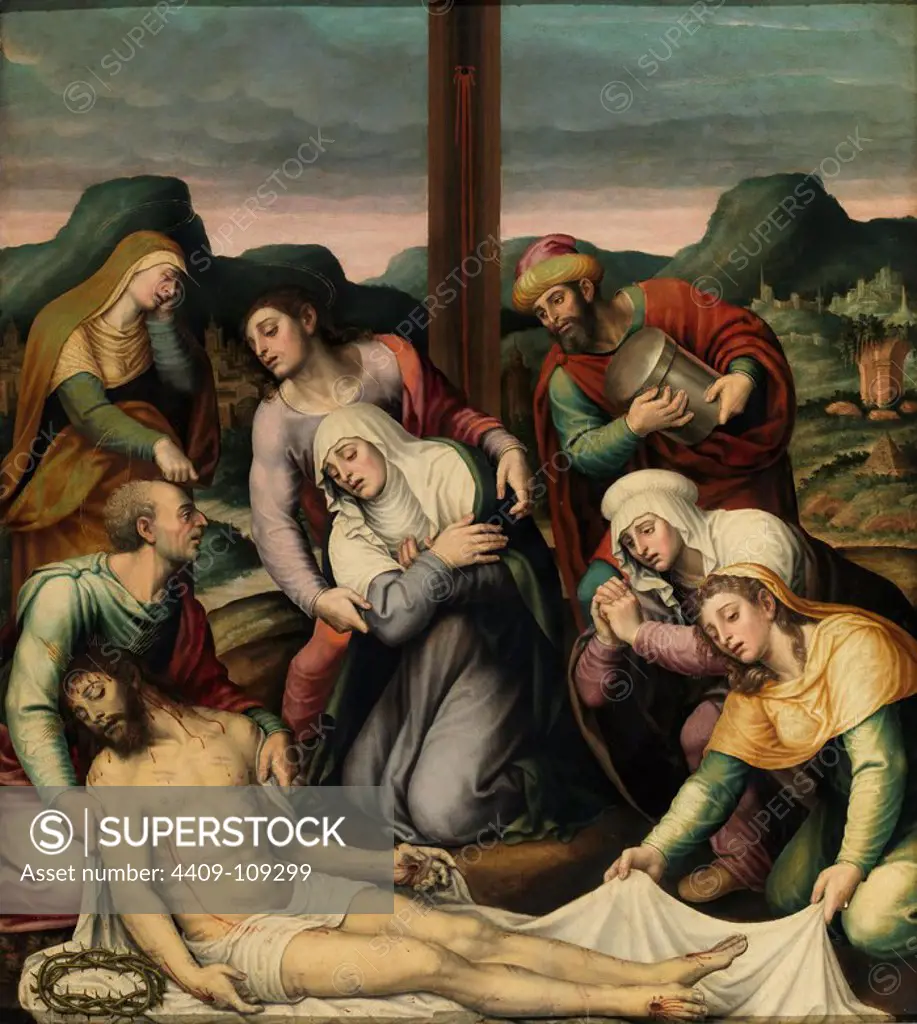 Vicente Macip Comes / 'The Descent from the Cross', 16th century, Spanish School, Panel, 108 cm x 98 cm, P00850. Museum: MUSEO DEL PRADO, MADRID, SPAIN.